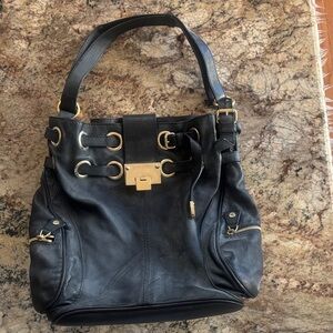 Jimmy Choo Black Leather Shoulder Tote with Gold Hardware